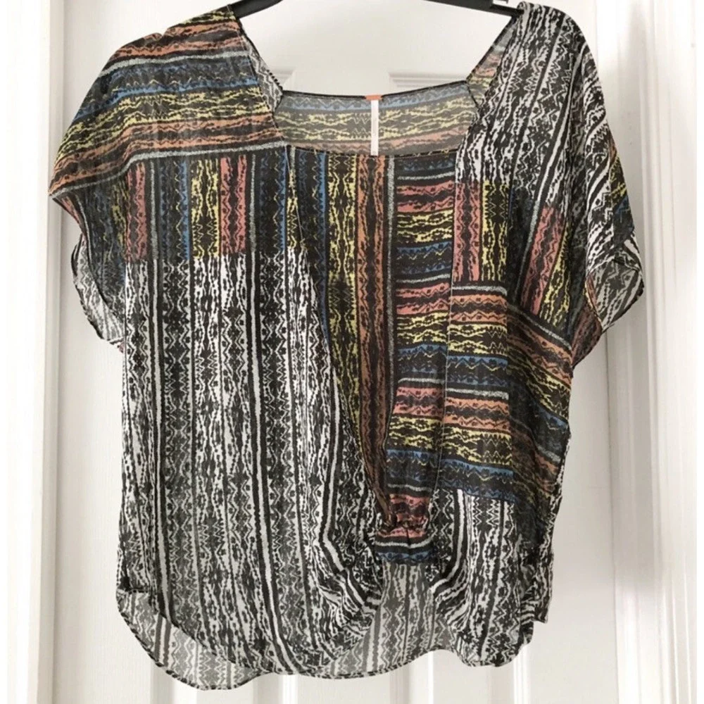 Free People Blouse Women's XS Multicolor Abstract‎ Sheer Square Neck